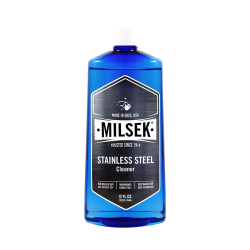 Blue bottle of stainless steel cleaner with black and white label indicating trusted USA-made formula, designed for home, household cleaning, and polish applications.