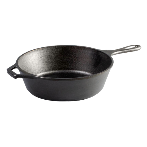 Black cast iron deep skillet with assist handle and long grip for versatile cooking on stove, oven, grill, or campfire, featured in Farm, Garden & Tool and Cookware collections.