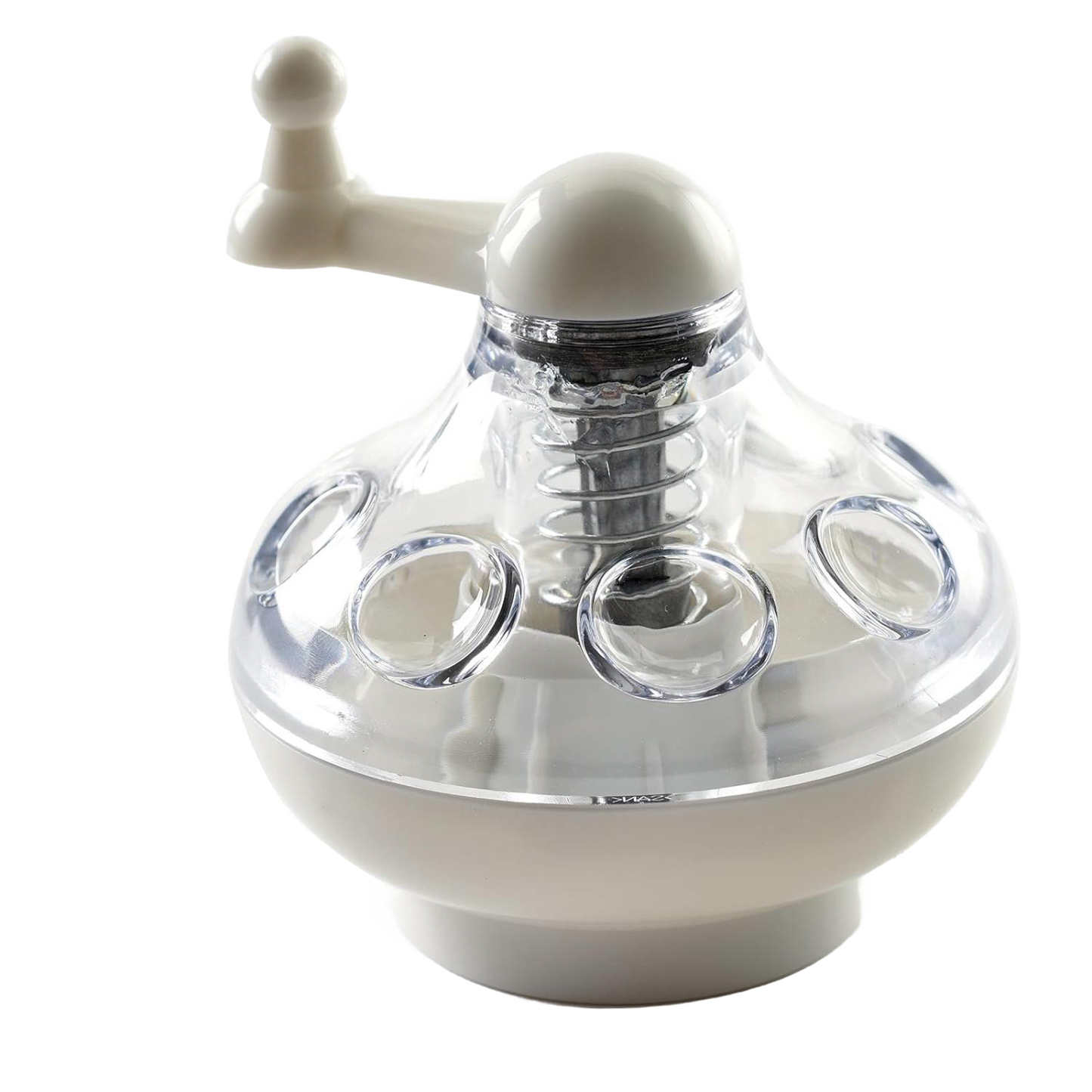 Compact white nut and hard spice grinder with clear plastic top and stainless steel blades, featuring an easy-turn crank handle, ideal for Kitchen & Food, Brewing Coffee and Tea, and Best Sellers collections.
