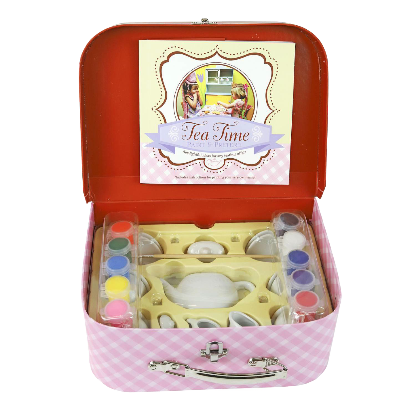 Open gingham-patterned metal suitcase showcasing a handcrafted 17-piece mini tea set art kit with colorful paints, perfect for creative play in Toys, Books & Games, Children's Toys, and Arts and Crafts collections.