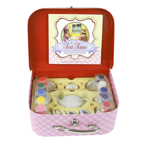 Open gingham-patterned metal suitcase showcasing a handcrafted 17-piece mini tea set art kit with colorful paints, perfect for creative play in Toys, Books & Games, Children's Toys, and Arts and Crafts collections.