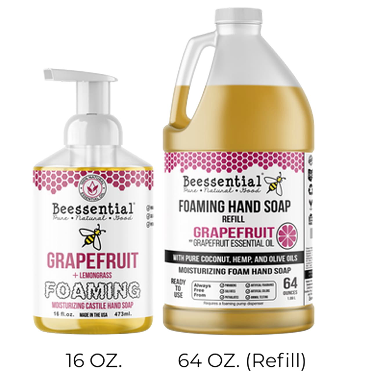 Handcrafted grapefruit and lemongrass foaming hand soap and refill made in USA with moisturizing coconut, hemp, and olive oils, featured in Health & Wellness, Soaps, and Best Sellers collections.