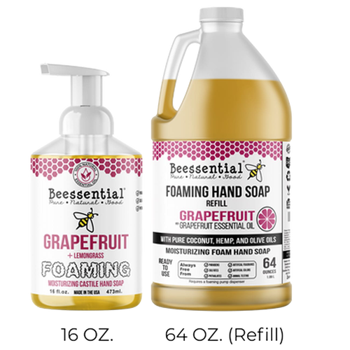 Handcrafted grapefruit and lemongrass foaming hand soap and refill made in USA with moisturizing coconut, hemp, and olive oils, featured in Health & Wellness, Soaps, and Best Sellers collections.