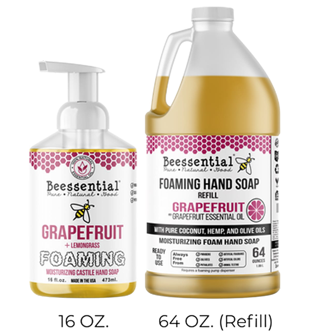 Handcrafted grapefruit and lemongrass foaming hand soap and refill made in USA with moisturizing coconut, hemp, and olive oils, featured in Health & Wellness, Soaps, and Best Sellers collections.