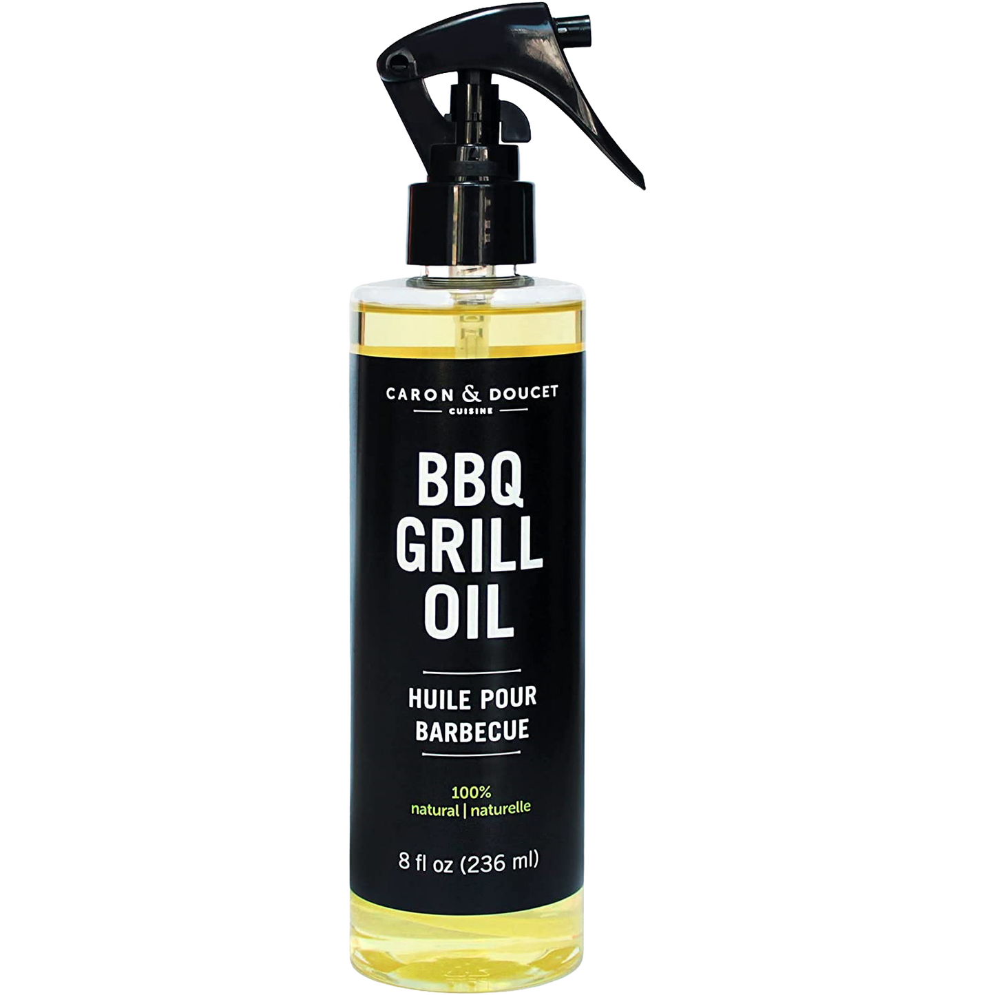 Clear spray bottle of natural BBQ grill oil with black label and trigger nozzle, designed for household cleaning and grilling use in home and decor collections.