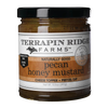 Handcrafted jar of pecan honey mustard in a clear glass container with a black lid, labeled gluten free and preservative free, featured in Kitchen & Food and Gluten Free collections.