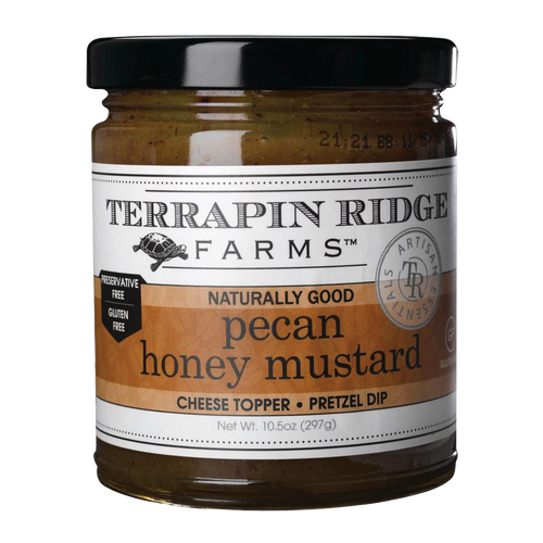 Handcrafted jar of pecan honey mustard in a clear glass container with a black lid, labeled gluten free and preservative free, featured in Kitchen & Food and Gluten Free collections.