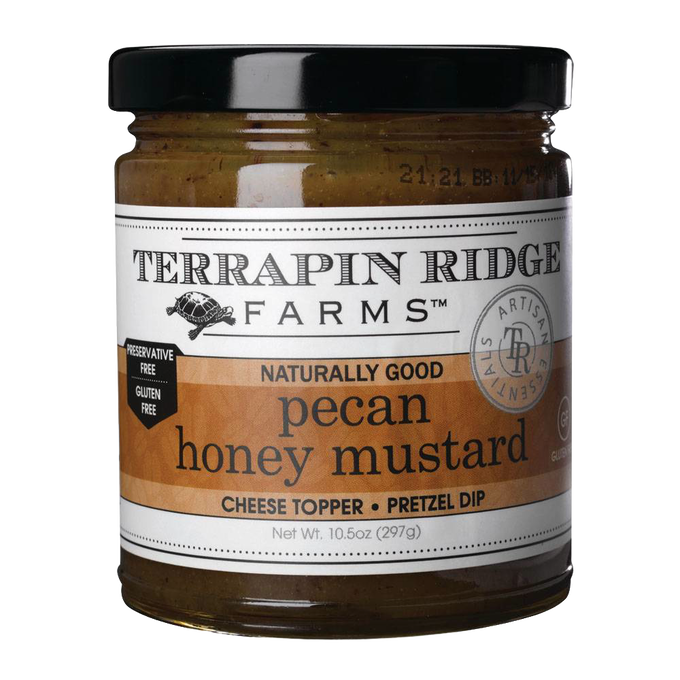 Handcrafted jar of pecan honey mustard in a clear glass container with a black lid, labeled gluten free and preservative free, featured in Kitchen & Food and Gluten Free collections.