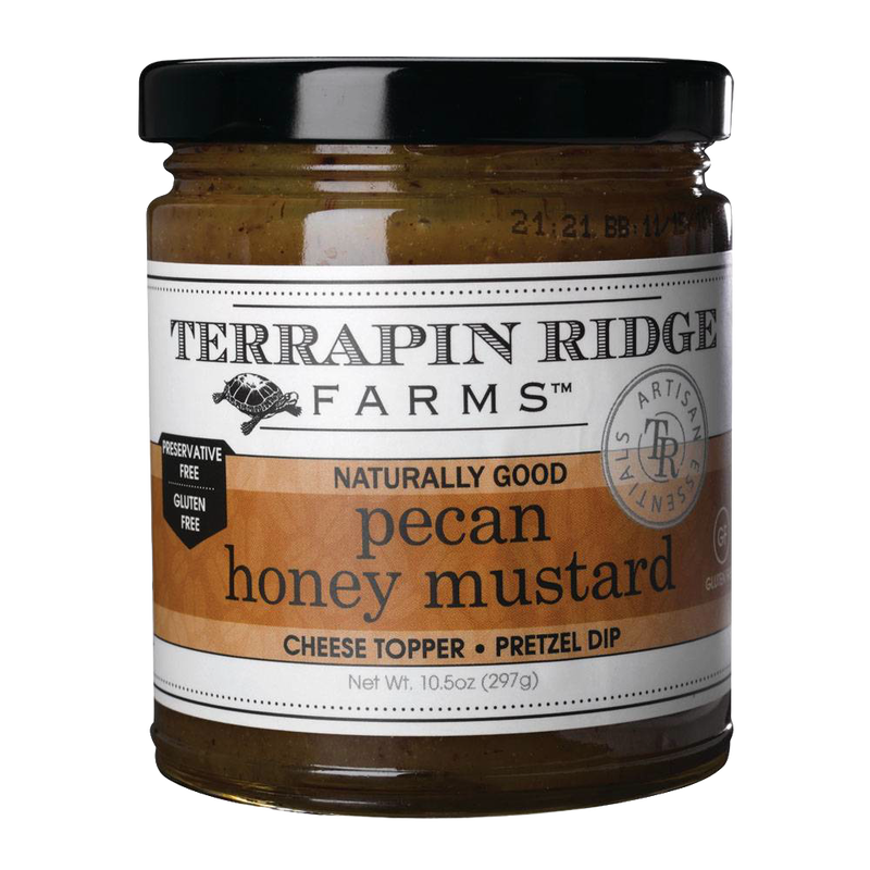 Handcrafted jar of pecan honey mustard in a clear glass container with a black lid, labeled gluten free and preservative free, featured in Kitchen & Food and Gluten Free collections.