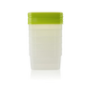Stack of translucent 1-pint freezer storage containers with bright green lids, designed for kitchen food preservation, freezing, and serving, made in USA and BPA free.