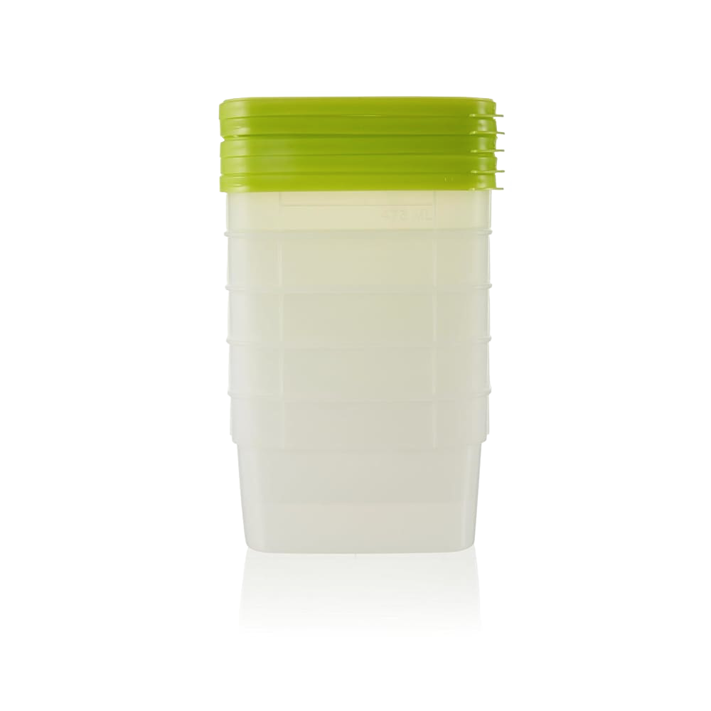 Stack of translucent 1-pint freezer storage containers with bright green lids, designed for kitchen food preservation, freezing, and serving, made in USA and BPA free.