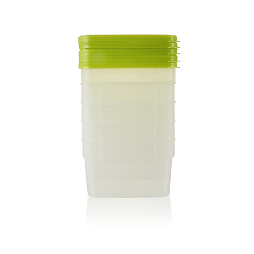 Stack of translucent 1-pint freezer storage containers with bright green lids, designed for kitchen food preservation, freezing, and serving, made in USA and BPA free.