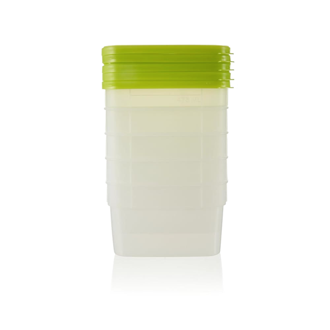 Stack of translucent 1-pint freezer storage containers with bright green lids, designed for kitchen food preservation, freezing, and serving, made in USA and BPA free.