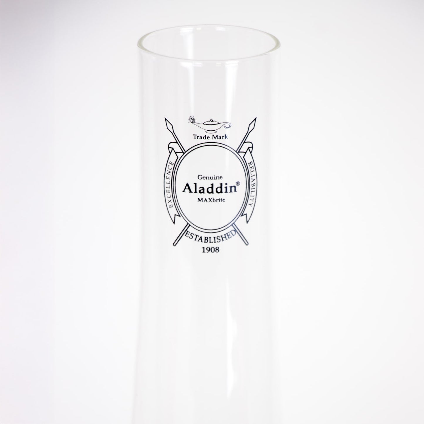 Clear glass chimney for oil lamps featuring printed Aladdin MAXbrite logo, designed for optimal light output, ideal for Lamps & Lighting, Parts and Accessories, Chimneys and Globes, and Best Sellers collections.