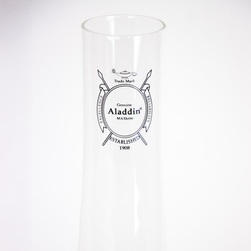 Clear glass chimney for oil lamps featuring printed Aladdin MAXbrite logo, designed for optimal light output, ideal for Lamps & Lighting, Parts and Accessories, Chimneys and Globes, and Best Sellers collections.