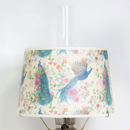 Parchment oil lamp shade featuring a colorful peacock and floral pattern, designed to soften light, ideal for lamps and lighting, parts and accessories, and best sellers collections.