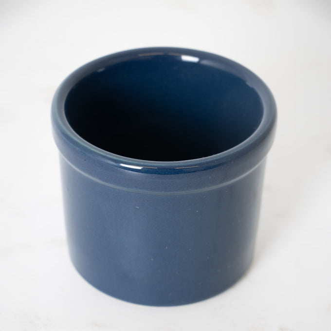 Handcrafted blue stoneware utility crock with lead-free food-safe glaze, made in the USA, ideal for small-batch fermenting, pickling, and kitchen use in food preservation collections.