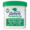 Container of Unker's Therapeutic Rub with green lid, offering natural relief for joint and muscle soreness, coughs, and skin irritations, featured in Health & Wellness and USA Made collections.