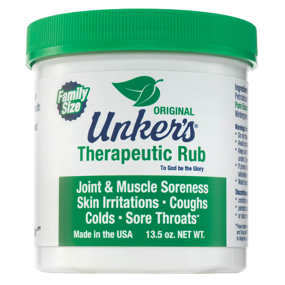 Container of Unker's Therapeutic Rub with green lid, offering natural relief for joint and muscle soreness, coughs, and skin irritations, featured in Health & Wellness and USA Made collections.