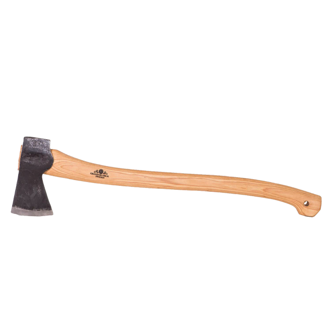 Handforged steel axe head with smooth wooden handle featuring logo stamp, designed for cutting spruce and pine, ideal for Farm, Garden & Tool, Knives & Axes, Axes, Wood Cutting and Hauling collections.