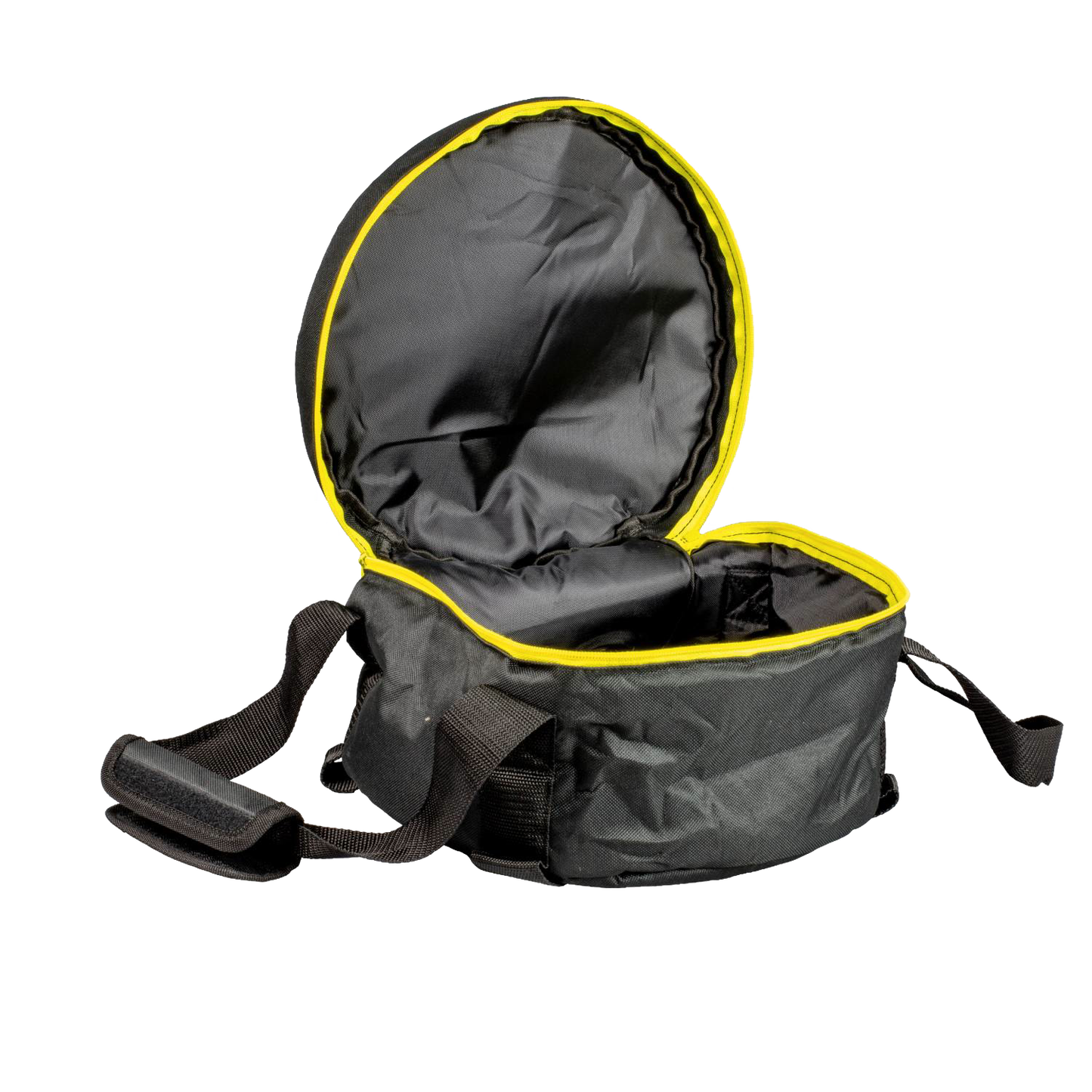 Black durable tote bag with weather-resistant polyester, thick padding, and reinforced straps, featuring a bright yellow zipper edge, designed for carrying cookware in camping and kitchen settings.