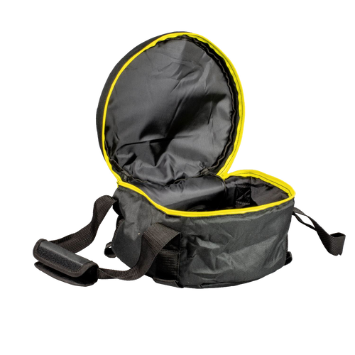 Black durable tote bag with weather-resistant polyester, thick padding, and reinforced straps, featuring a bright yellow zipper edge, designed for carrying cookware in camping and kitchen settings.