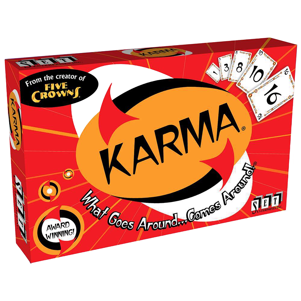 Bright red Karma card game box with bold logo and tagline “What Goes Around… Comes Around!”, featuring numbered cards and award-winning label, part of Toys, Games, and Indoor Play collections.