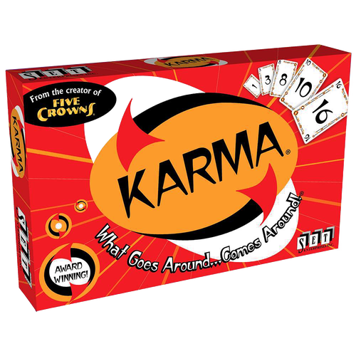 Bright red Karma card game box with bold logo and tagline “What Goes Around… Comes Around!”, featuring numbered cards and award-winning label, part of Toys, Games, and Indoor Play collections.