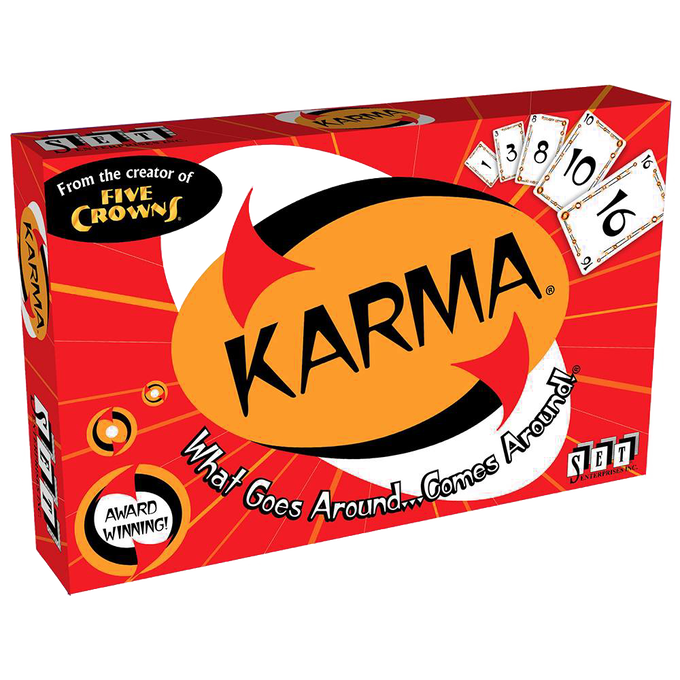 Bright red Karma card game box with bold logo and tagline “What Goes Around… Comes Around!”, featuring numbered cards and award-winning label, part of Toys, Games, and Indoor Play collections.