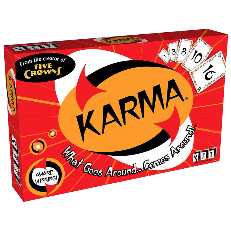 Bright red Karma card game box with bold logo and tagline “What Goes Around… Comes Around!”, featuring numbered cards and award-winning label, part of Toys, Games, and Indoor Play collections.