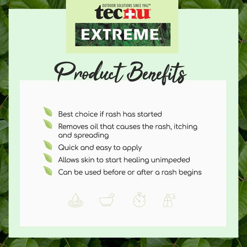 Graphic highlighting key benefits of a medicated scrub that relieves rash symptoms by removing rash-causing oil, easy to apply and promoting skin healing, featured in Health & Wellness and USA Made collections.