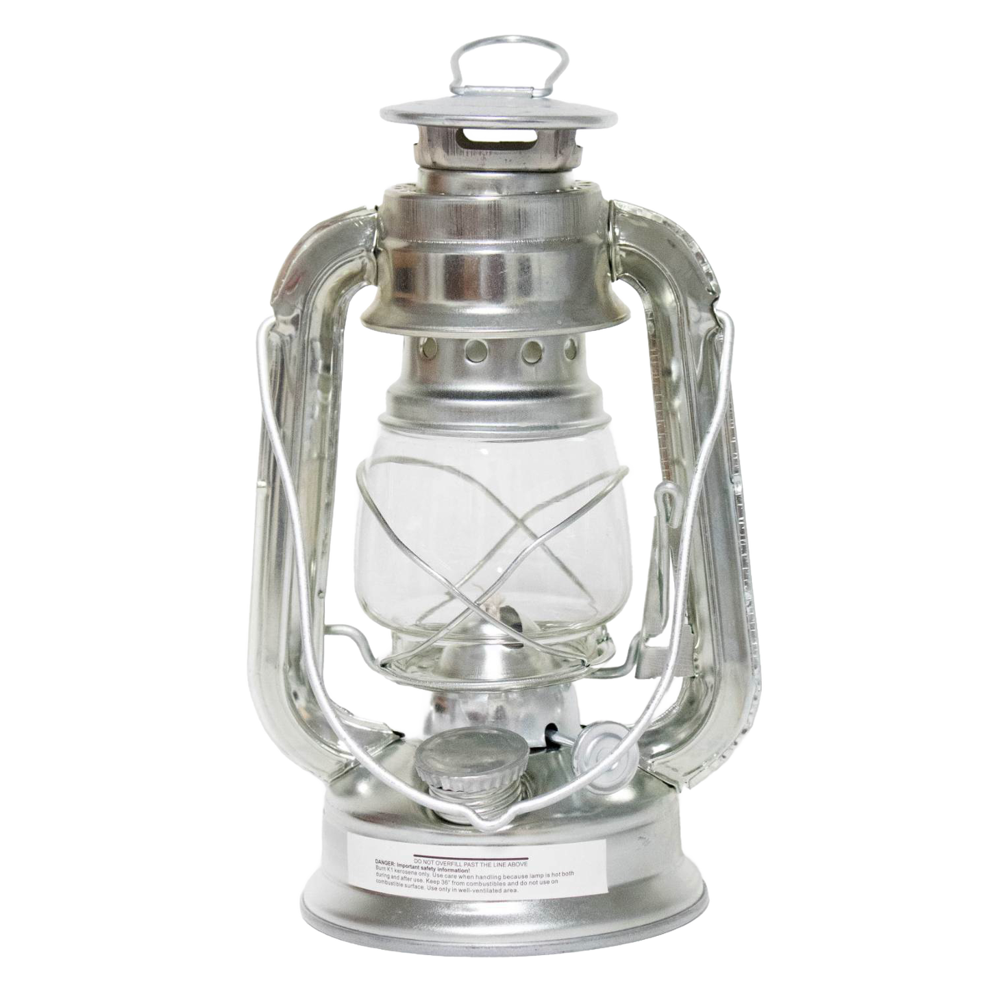 Galvanized metal race lantern with clear glass globe and protective wire frame, compact and wind-resistant for camping, emergency, farm, and outdoor lighting use.