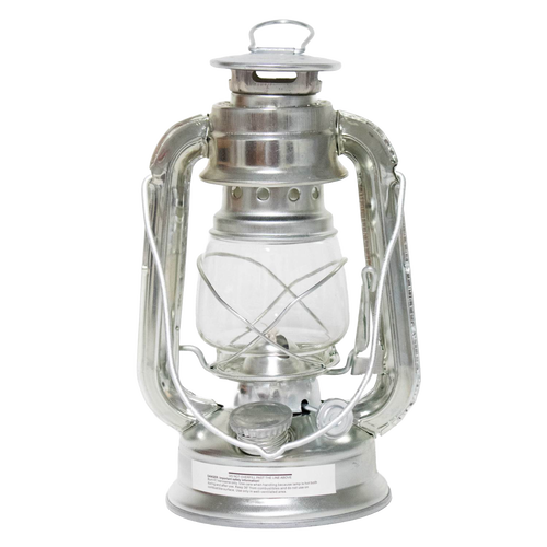 Galvanized metal race lantern with clear glass globe and protective wire frame, compact and wind-resistant for camping, emergency, farm, and outdoor lighting use.