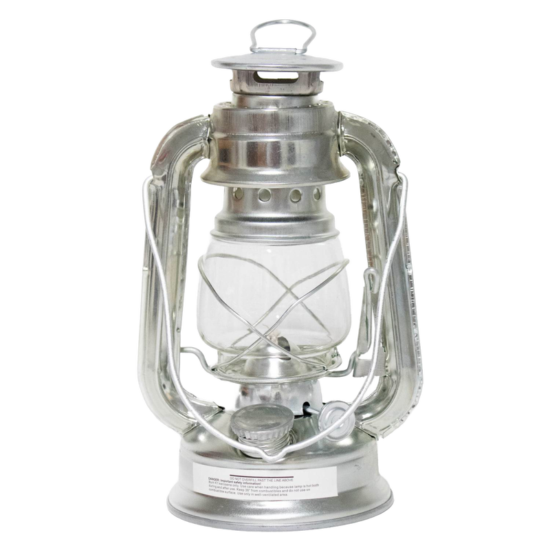Galvanized metal race lantern with clear glass globe and protective wire frame, compact and wind-resistant for camping, emergency, farm, and outdoor lighting use.