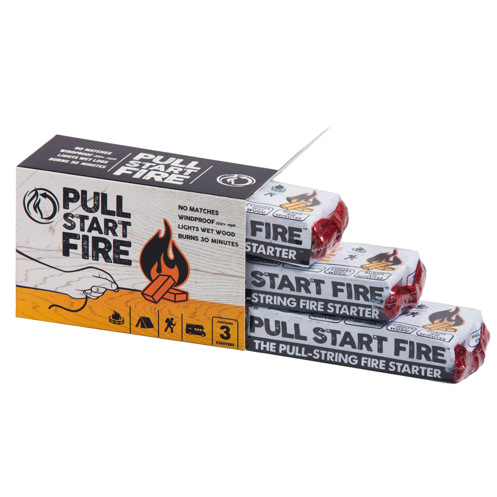 Pack of three pull-string fire starters with red ignition cords, designed to light wet wood quickly in any weather, ideal for Farm, Garden & Tool, Camping, and Best Sellers collections.