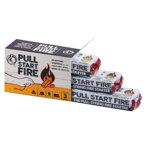 Pack of three pull-string fire starters with red ignition cords, designed to light wet wood quickly in any weather, ideal for Farm, Garden & Tool, Camping, and Best Sellers collections.