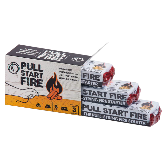 Pack of three pull-string fire starters with red ignition cords, designed to light wet wood quickly in any weather, ideal for Farm, Garden & Tool, Camping, and Best Sellers collections.