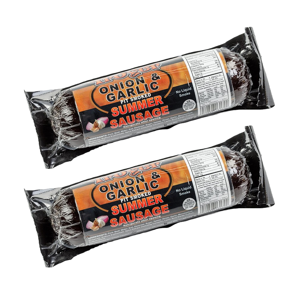 Two vacuum-sealed handcrafted summer sausages with onion and garlic pit smoked flavor, made in USA, perfect for Kitchen & Food, Snacks and Sweets, Pantry, Meats, USA Made, and Best Sellers collections.
