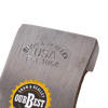 Close-up of a hand-tempered steel axe head stamped with "Snow & Nealley USA Est. 1864" and labeled with a circular yellow and black "Our Best" sticker, crafted for durability.