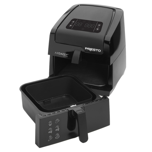 Black air fryer with large removable basket and digital control panel, designed for family-size cooking with little to no oil, ideal for Kitchen & Food, Kitchen Gadgets, Cooking Helpers, and Best Sellers collections.