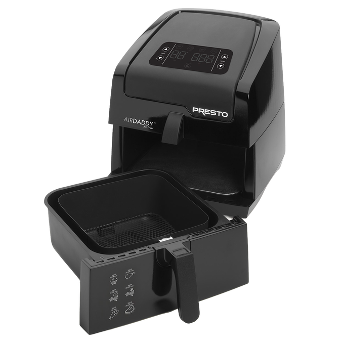 Black air fryer with large removable basket and digital control panel, designed for family-size cooking with little to no oil, ideal for Kitchen & Food, Kitchen Gadgets, Cooking Helpers, and Best Sellers collections.
