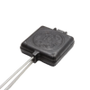 Cast iron sandwich iron with a hinged design and decorative embossed lid, suited for toasting sandwiches over campfires, featured in Farm, Garden & Tool and Camping collections.