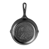 Handcrafted cast iron skillet featuring a tent and campfire design on the bottom, seasoned and made in USA, ideal for camping, cookware, and kitchen collections.
