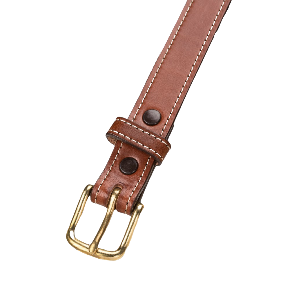 Handcrafted Amish made 1-inch wide leather belt in rich brown genuine English bridle leather, with fine stitching and a polished brass buckle, featured in USA Made and Best Sellers collections.