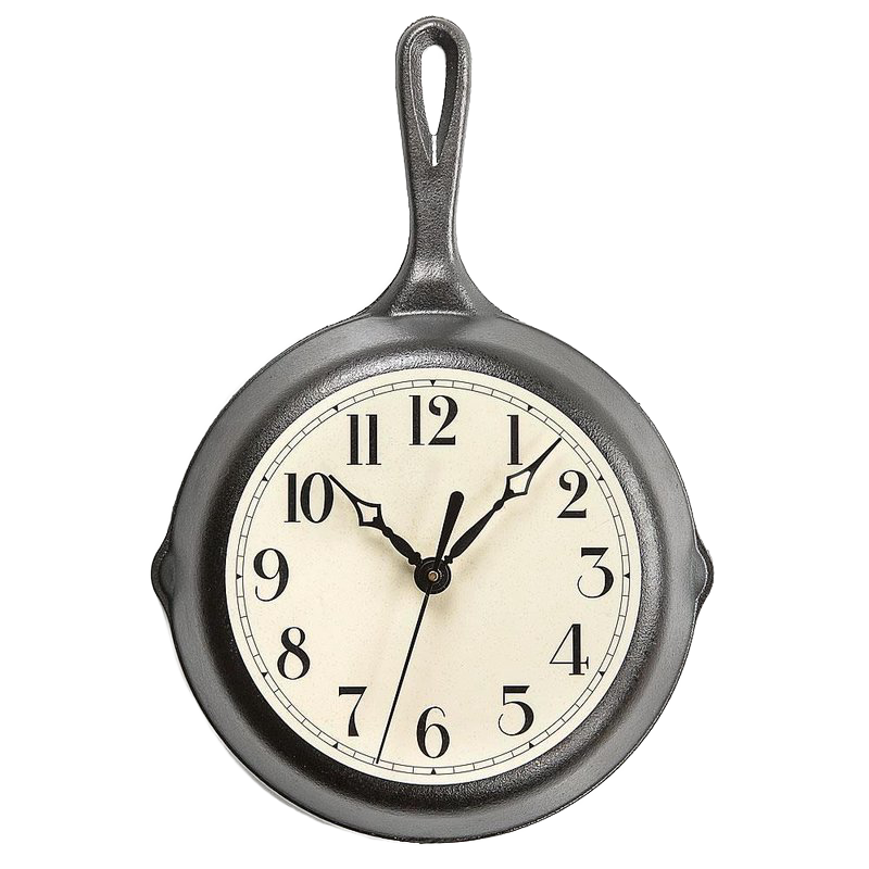 Handcrafted cast iron skillet clock with classic cream face and black numerals, made in USA by Lehman’s, ideal for Home & Decor, Cast Iron, USA Made, and Best Sellers collections.