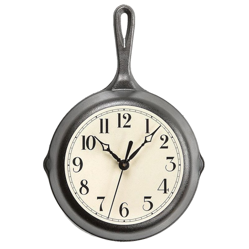Handcrafted cast iron skillet clock with classic cream face and black numerals, made in USA by Lehman’s, ideal for Home & Decor, Cast Iron, USA Made, and Best Sellers collections.