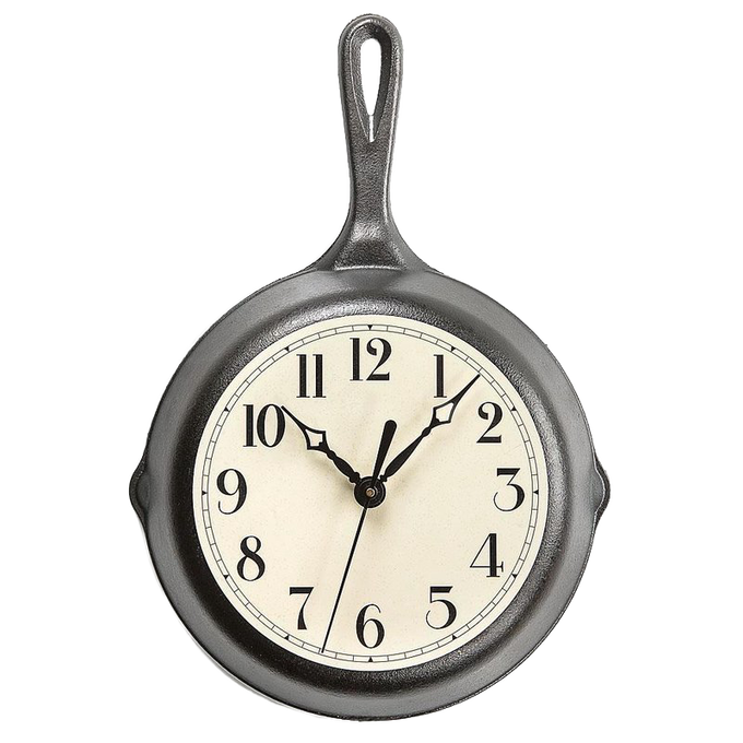Handcrafted cast iron skillet clock with classic cream face and black numerals, made in USA by Lehman’s, ideal for Home & Decor, Cast Iron, USA Made, and Best Sellers collections.