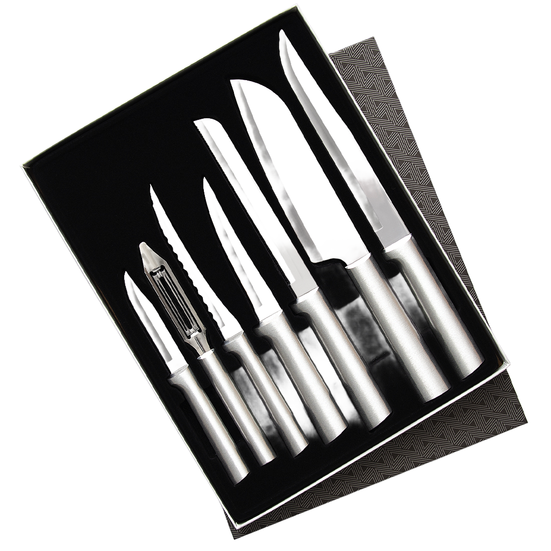 Set of seven handcrafted stainless steel knives and a vegetable peeler arranged neatly in a gift box, designed for food prep with sharp blades, made in USA, featured in Kitchen & Food and USA Made collections.
