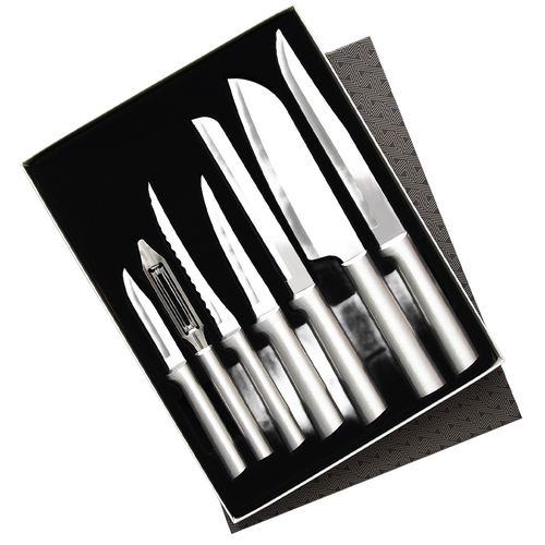 Set of seven handcrafted stainless steel knives and a vegetable peeler arranged neatly in a gift box, designed for food prep with sharp blades, made in USA, featured in Kitchen & Food and USA Made collections.