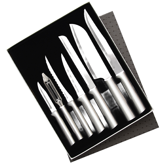 Set of seven handcrafted stainless steel knives and a vegetable peeler arranged neatly in a gift box, designed for food prep with sharp blades, made in USA, featured in Kitchen & Food and USA Made collections.
